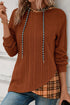 Plaid Patchwork Ribbed Knit Asymmetric Hem Hooded Top